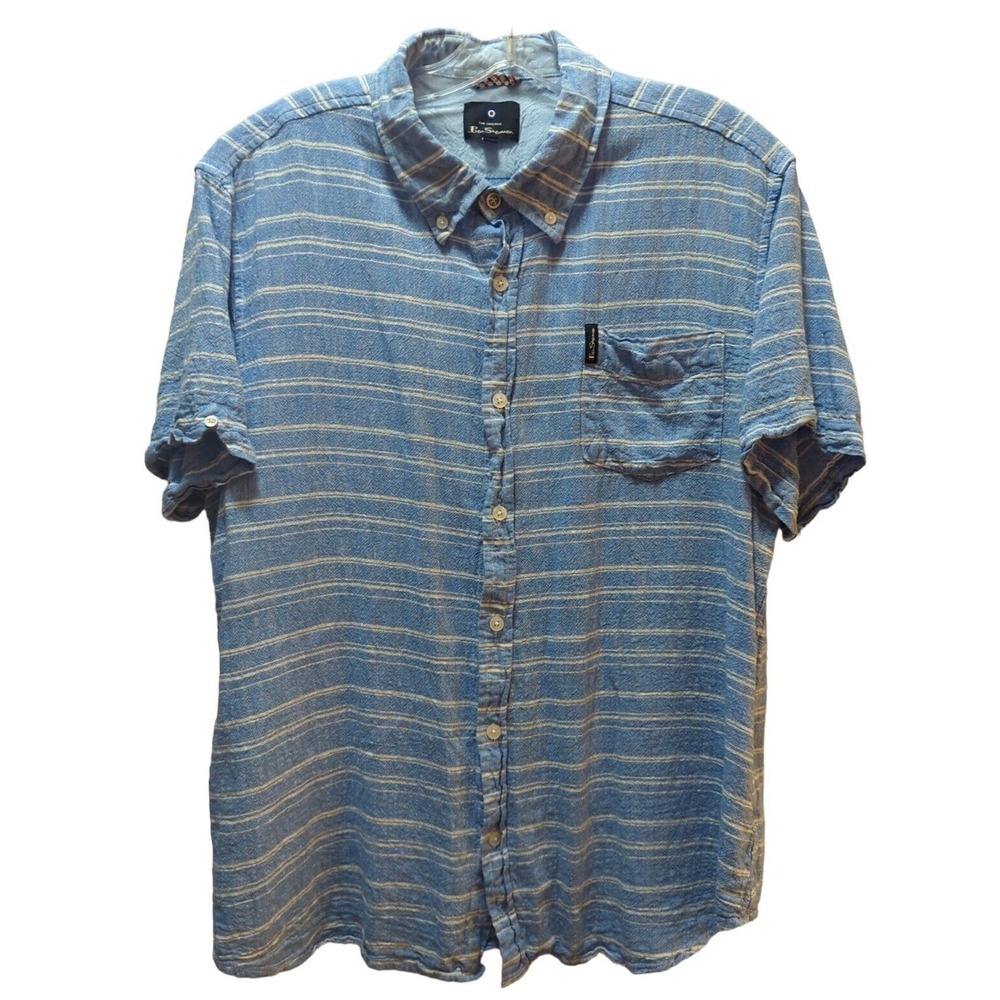 Ben Sherman The Original Button Short Sleeve Blue Linen Blend Pocket Shirt XL
